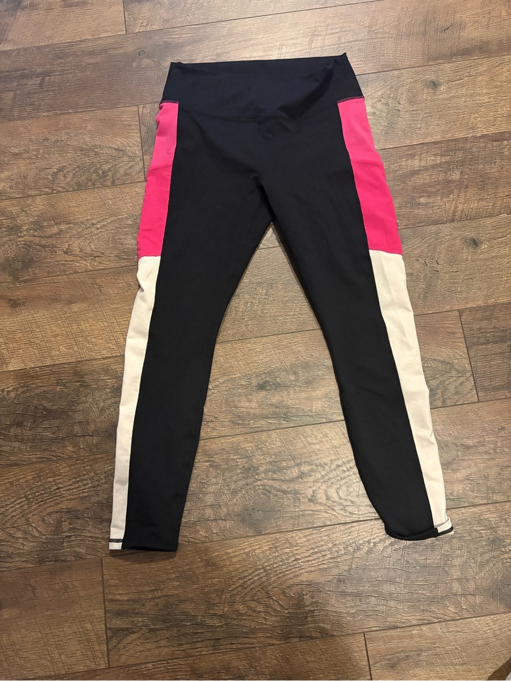 Fabletics Black Leggings with Pink and Cream Side Panels